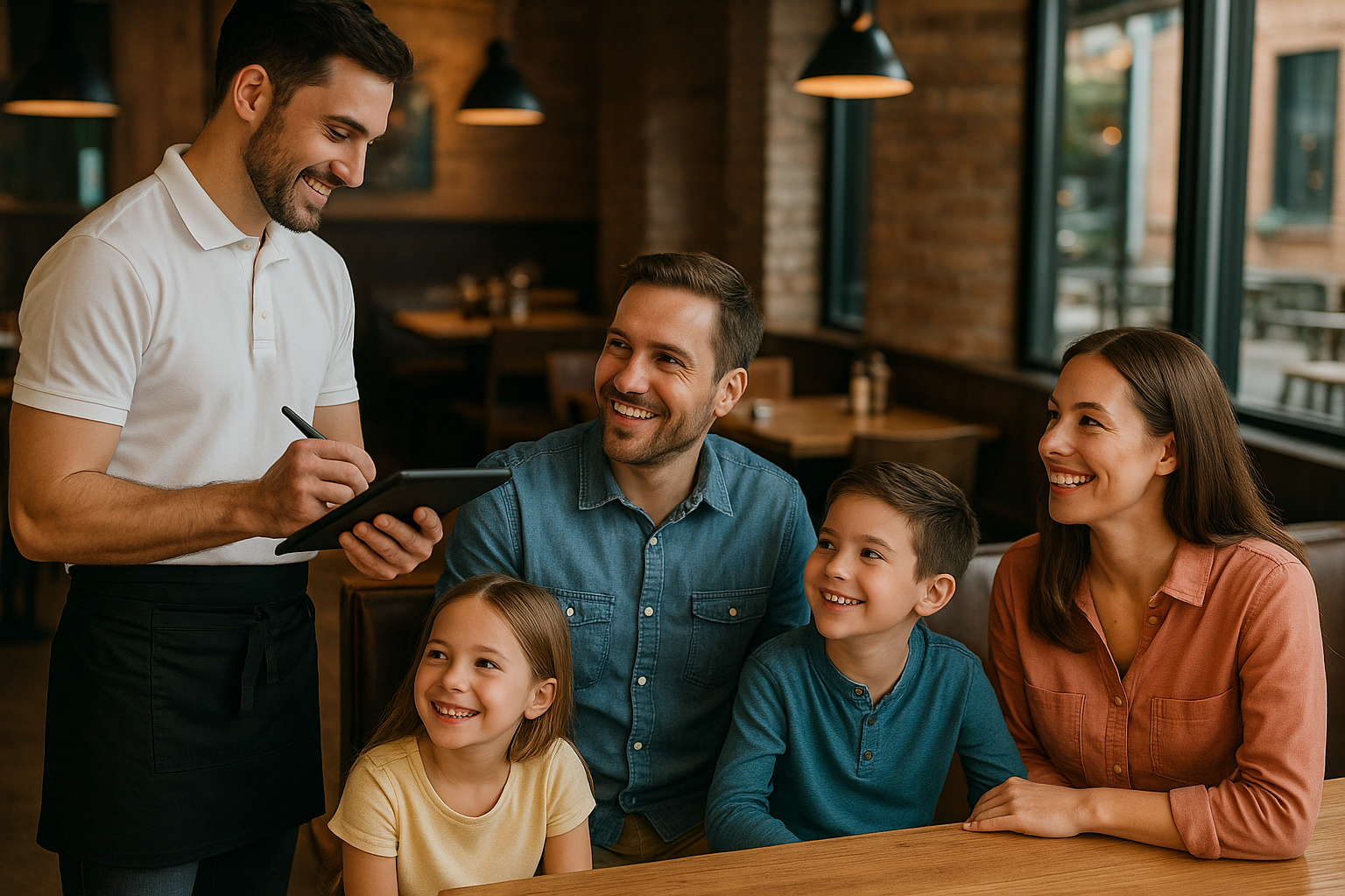 Una familia feliz cenando en un restaurante mientras un camarero con un iPad les atiende.